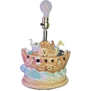 Vintage Noah’s Ark Ceramic Lamp w/ Dual Lights – Nursery Baby Room Decor